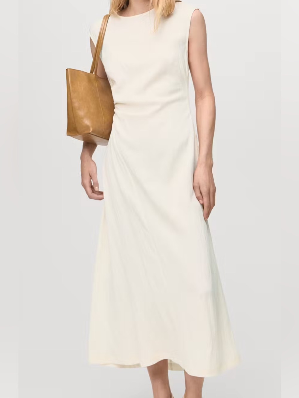 MANGO lyocell dress with pleated waist ecru